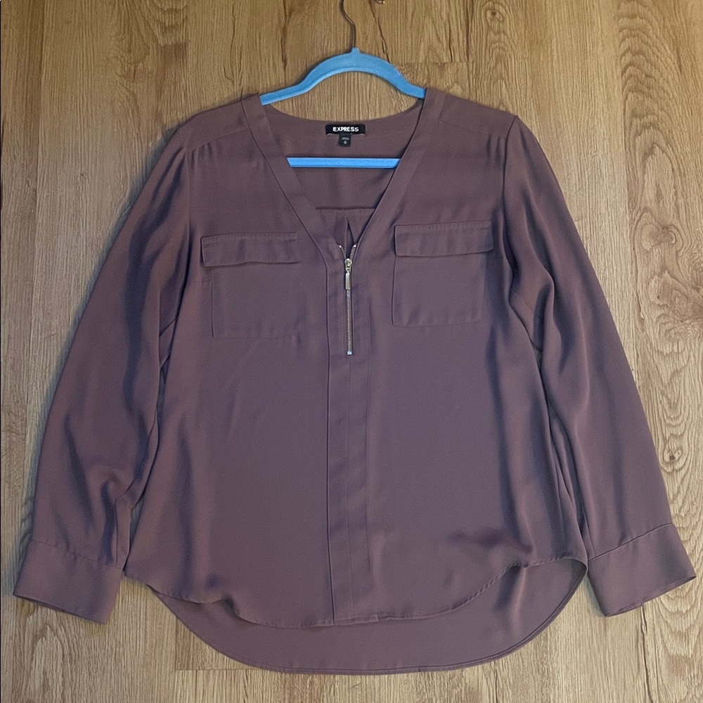 Express Mauve Long-Sleeve Half-Zip V-Neck Blouse